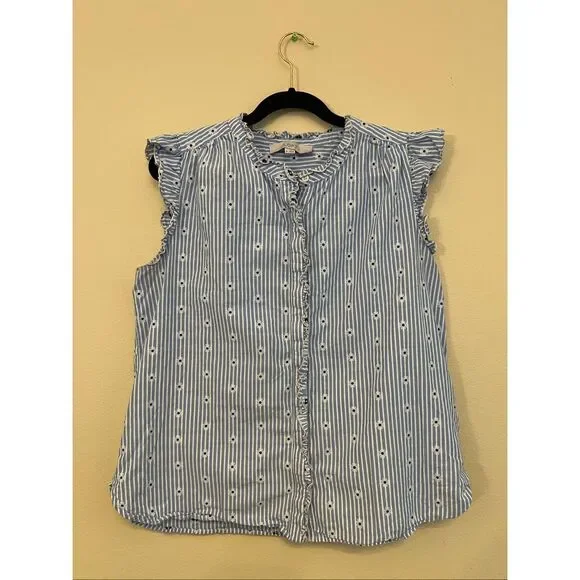 Loft Blue White Stripe Daisy Ruffle Button Front Top Women's Medium - Picture 3 of 10